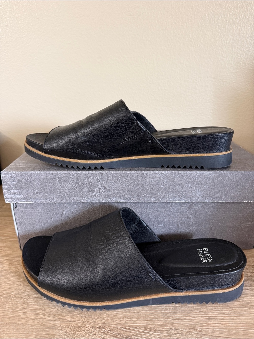 Eileen Fisher Black Leather Slide Sandals with Tan Trim